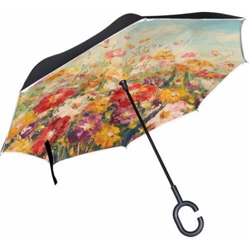 Oil Printing Flowers Windproof Reverse Umbrella Double Layer Long Shank Inverted Creative Customized Travel Size Rain Protection
