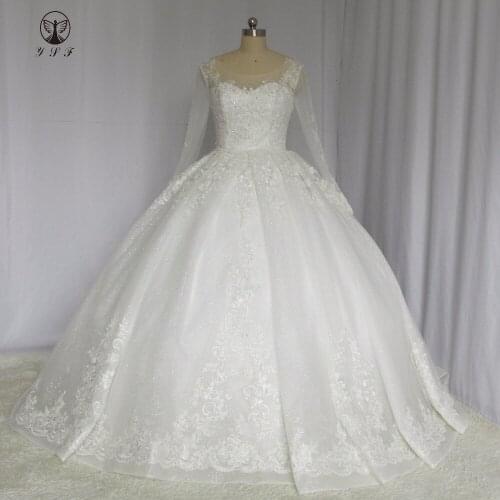 Muslim Wedding Dresses O Neck Appliqued Beaded Lace Buttons Corset Up Ball Gown Long Sleeve Vestidos De Novias