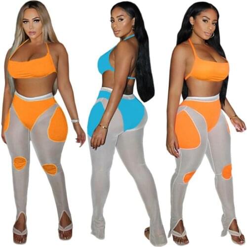 2021 Summer New Fashion Net Yarn Milk Silk Stitching Exposed Belly Sleeveless Sexy Two-Piece Suit