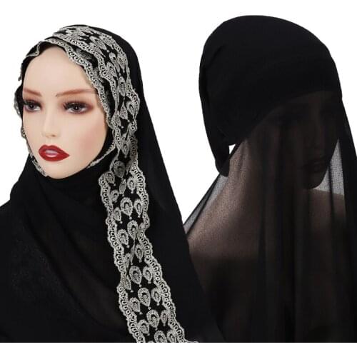 New Muslim Women Chiffon Lace Jersey Hijabs Hooded Long Islamic Shawl Head Scarf Underscarf Cap