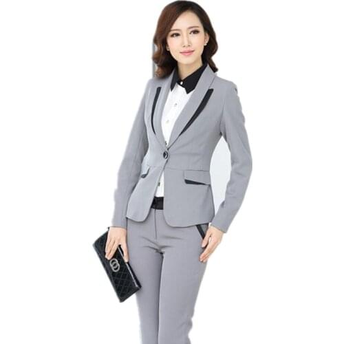 Jacket+Pants Light Gray Women Business Suits Slim Female Office Uniform 2 Piece Trouser Suit Ladies Winter Formal Suits