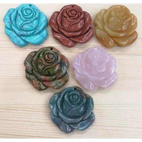 Fashion natural Assorted stone pendant charms carved mixed rose flower pendants jewelry 6pcs/lot wholesale free shipping