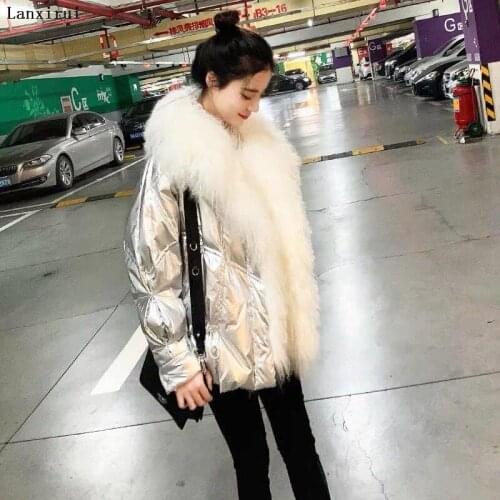 Fake Fur Down Jacket With Fox Fur Collar Whole Skin PU Leather Fox Fur Coats For Women Winter Fur Luxury Outwear
