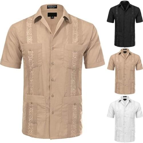 Men Shirt with Pocket Vintage Ethnic Retro Short Sleeve Cotton Polyester Button White Mens Shirts Camisas De Hombre