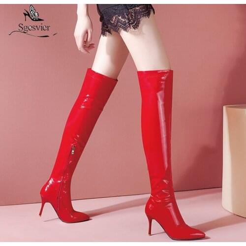 Sgesvier 2021 Women Over the Knee Boots Fashion Pointed Toe Thin High Heel Ladies Thigh Boots Patent Leather Side Zipper Women