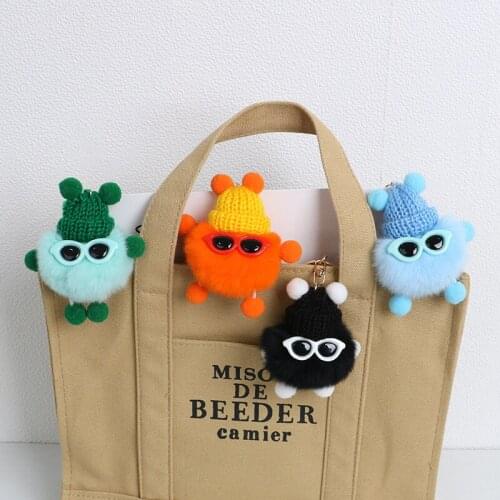 Cute 8cm Rabbit Fur Fluffy Pompom Keychain Wearing Sunglasses Small Briquettes Car Keychain Golden Chain Keychain Jewelry Gift
