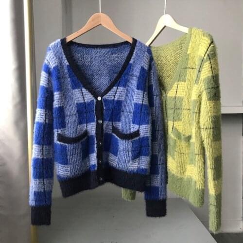 Vintage Mohair Sweater Women Knitted Cardigans Harajuku Lazy Style Ladies V-Neck Button Fuzzy Plaid Cardigan Fluffy Knitwear Top