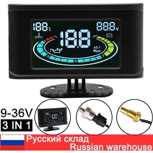 3 IN 1 LCD Truck Car Oil Pressure Gauge Voltmeter Voltage Water Temperature Meter + Sensor 10mm 1/8 npt Universal 12v 24v auto