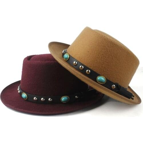 Women Men Wool Pork Pie Hat With Flat Fedora Hat For Gentleman Elegant Lady Gambler Trilby Fascinator Church Hat Size 58CM