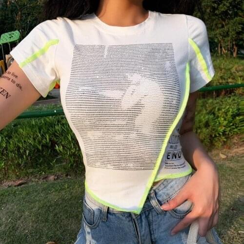 2021 Vintage Splice Round Neck Short Sleeve T-Shirt Hem Harajuku Printed Slim Cropped Top Retro Summer Casual Streetwear T-Shirt