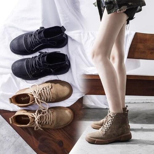 Womens Autumn & Winter Boots Female British Style Martin Boots Womens Retro Ankle Boots Flat Heels Suede 2 Lining Flock