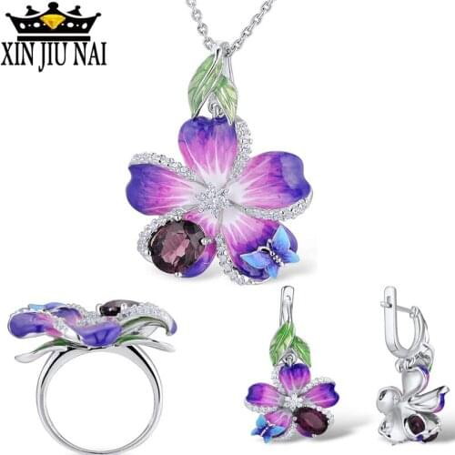 Sterling silver sets Ladies Enamel Amazon orchid Butterfly Petal Purple Necklace Earrings Retro Set Thai Blue Ring Jewellery