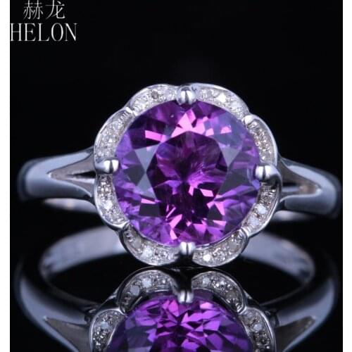 HELON Solid 14K White Gold Flawless Round 9mm Genuine Amethyst & Diamonds Engagement Ring Women Wedding Gemstone Jewelry Ring