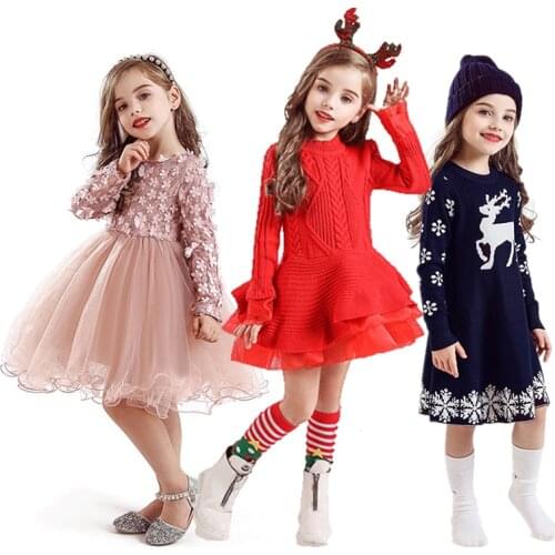 Girls Winter Dress Knitted Long Sleeves Kids Dresses For Girls New Year Red Clothes Christmas Party Children Princess Costume