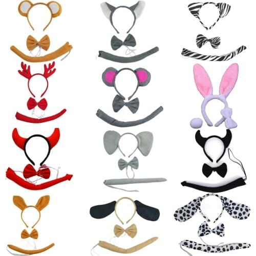 12 Pack Animal Ear Headbands Plush Tail Bow Tie Costume Set Halloween Christmas Birthday Party Monkey Wolf Devil Bunny Kangaroo
