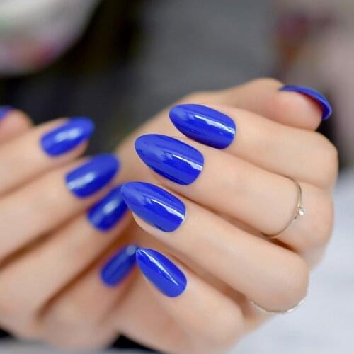 UV Gel Cover Nail Tips STILETTO Sharp Fake Nails Glossy Deep Blue Full Fingernails Hight Quality Kit 24pcs