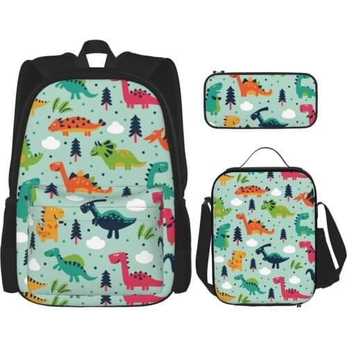 3 in 1 3Pcs School Backpacks for Boys Girls Cartoon Dino Dionsaur Pattern Backpacks Insualted Cooler Lunch Bags Pencil Case