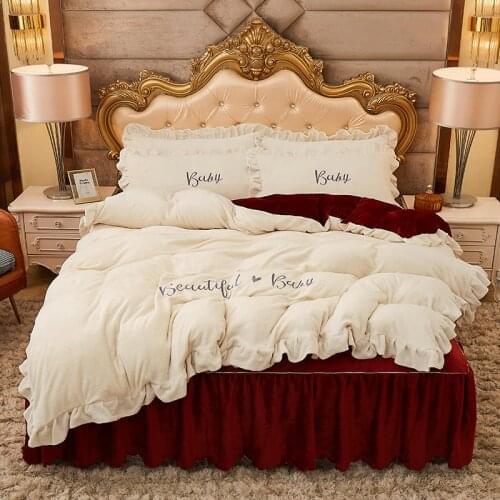 4Pcs Thickened warm milk down Embroidery Princess style bedding sets queen king size duvet cover set bed skirt set pillowcase