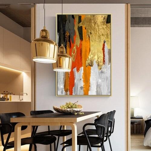 Abstract Red Gold Ink Gold Leaf Porch Vertical Art Oil Painting on the Wall Canvas Posters and Prints Decortive Pictures Decor