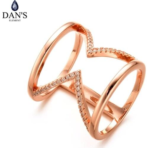 DANS ELEMENT New Fashion Bijoux Long Ring for Women Female Double Chevron Ring V Shape with Paved Cubic Zirconia Anillos #10386