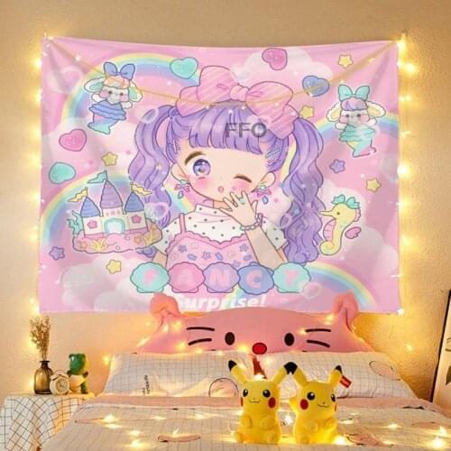 FFO Cute Girl Hanging Cloth Pink Anime Tapestry Bed Wall Background Children Picnic Mat Floor Covering Home Decoration