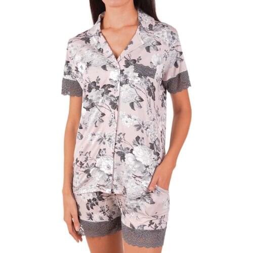 Flowery Pattern Lace Women Sleepwear Elegant Turn-Down Collar Pajamas With Short Top Pajama Sets Satin Nightwear 2021