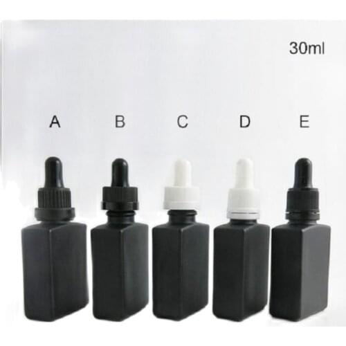 30ml square shape frosted black glass bottle with dropper lid for E-liquid essential oil serum water skin packing