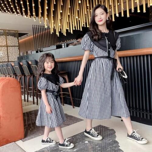 2021 Summer Mother Daughter Vestidos Mom Baby Mommy and Me Plaid Short Sleeve Dress Women&Kids Toddlers Family Matching Outfits