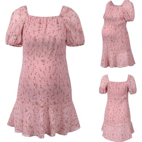 Summer Maternity Dresses Fashion Pleated Short-sleeve Pink Square Collar Pregnancy Clothing Floral Print Maternity Robe Femme