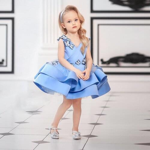 Hot Sale Princess Wears Flower Girl Dress Tulle Butterfly Blue Wedding Party Ball Gown Dress For Girl