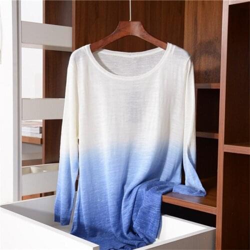 Flax polyamide blend knit women England style gradient color thin Oneck pullover sweater S-L retail wholesale