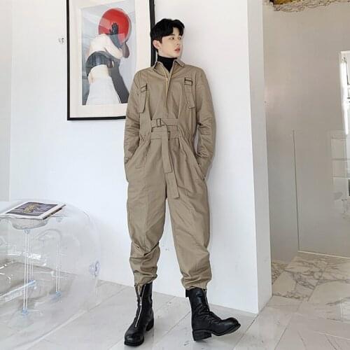 New High Street Vintage One Piece Overalls Men Loose Zipper Long Sleeve Cargo Pants Men Cotton Casual Fashion Solid Jumpsuit