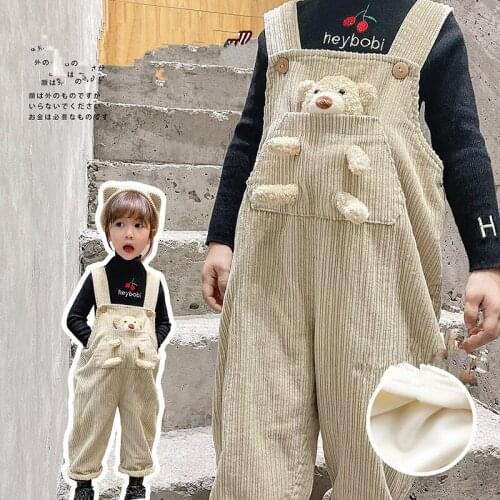 Autumn Winter New Kids Overalls Korean Cartoon Bear Corduroy Overall for Baby Girls Boys Cute Plus Velvet Warm Child Jumpsuits
