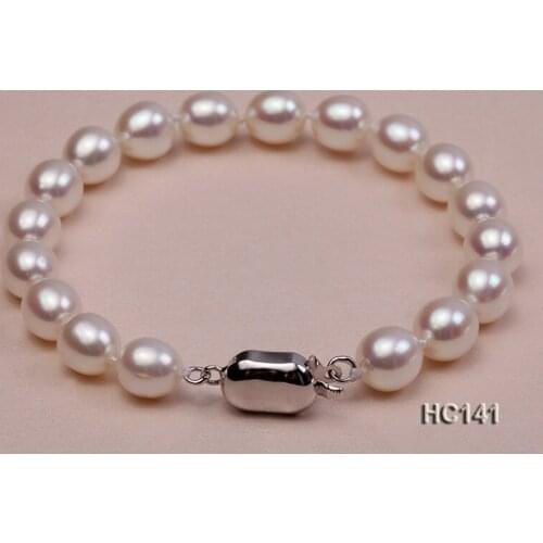 Unique Pearls jewellery Store Charming AA 7.5-8MM White Color Rice Freshwater Pearl Bracelet 19cm 925 Silver Clasp