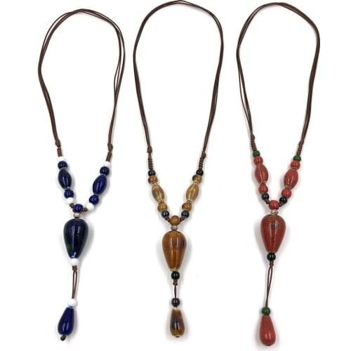 Vintage Ethnic Colorful Ceramic beads pendant Necklace Adjustable Knotted Long pendant necklace for Women gift