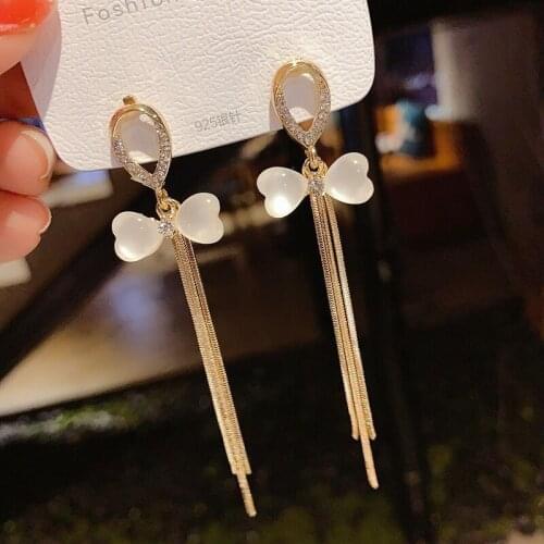 Vintage Women Opal Bow Tassel Long Elegant Sweet Girl Party Earring