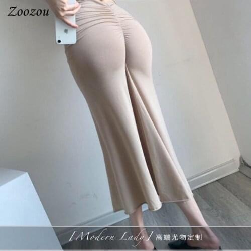 Women Butt Lift Stretch Push Up Hips Skirts High Waist Elastic Folds Asymmetrical Trumpet Mermaid Skirt Casual Simple Long Skirt