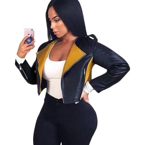 Women Soft Motorcycle Short Faux Leather Jacket Women Ladies Autumn Biker Streetwear Black Spliced Zippers Coat Y308