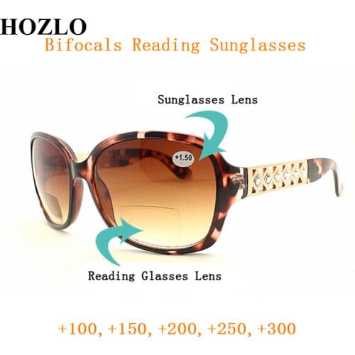 Women Bifocals Reading Glasses magnifier Female Look Near Far Gradient Lens Presbyopic Sunglasses Big Frame Diamond Hollow Legs