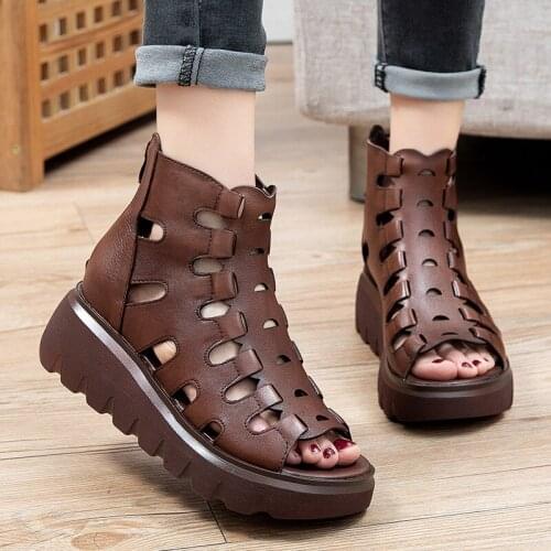 HOT Summer Women Ankle Boots Handmade Genuine Leather Hollow Out Sandals Wedge Womens Shoes Soft Bottom Women Platform Sandals