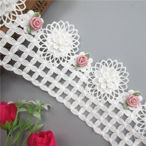 1yd Cotton 3D Rose Flower Pearl Embroidered Lace Trim Ribbon Fabric Handmade Sewing Craft For Costume Hat Shoes Decoration 9.7cm