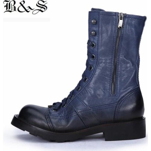 Black&Street European station handmade retro Punk boots female genuine leather lace up desert thick bottom knight high boots
