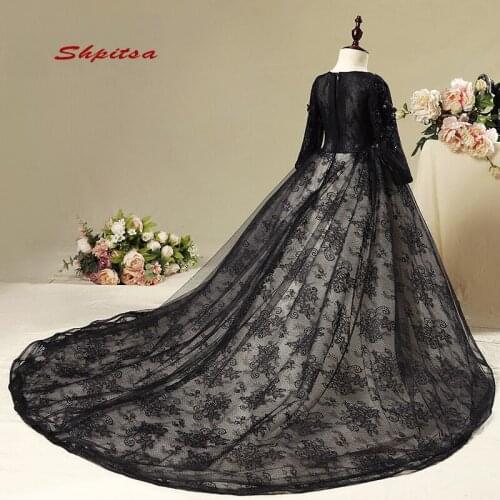 Black Lace Flower Girl Dresses for Weddings Party Long Sleeve Flowergirl First Communion Pageant Dresses For Girls