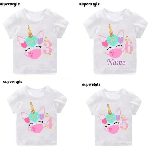 Kids 2021 Happy Birthday Number 1~10 Quarantine Custom Name T-shirt Girls Quarantine Unicorn Shirts Girl Clothes White Tops C019