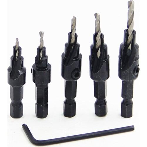 Fixmee 5pc 5# 6# 8# 10# 12# Countersink Drill Bit Set Quick Change Wood Countersinks Woodworking Tools Wood Hole Reamers