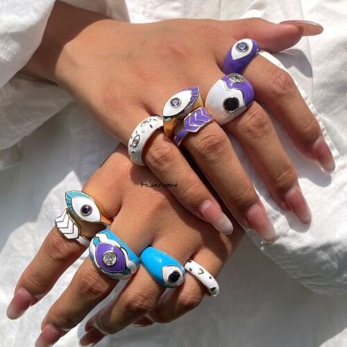HUANZHI 2021 New Colorful Evil Eye Yin Yang Geometric Rhinestone Dripping Oil Metal Enamel Couple Ring for Women Jewelry Gifts