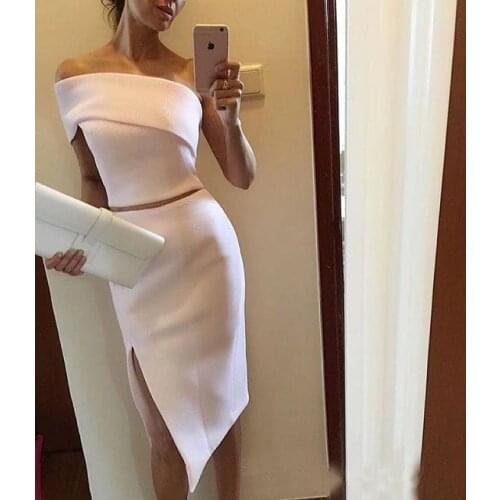 Two Pieces Cocktail Dresses Sheath One-shoulder Knee Length Slit Sexy Elegant Homecoming Dresses