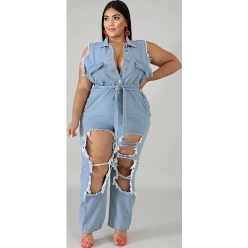 Women Plus Size Jumpsuits Turn Down Collar Sleeveless England Denim Jumpsuit Hole Blue Belt Jumpsuits Wholesale Dropshipping