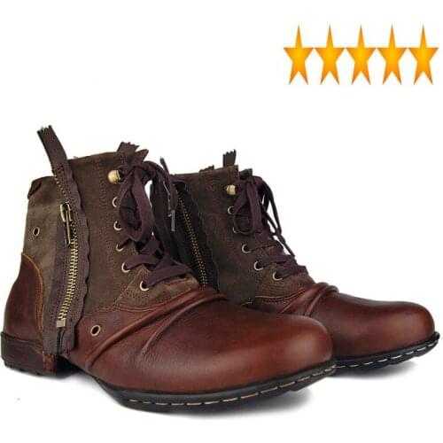 Cow Worker Men Plus Size Genuine Leather Safety Shoes Zipper Designer Ankle Vintage Round Toe High Top Lace Up Biker Boots
