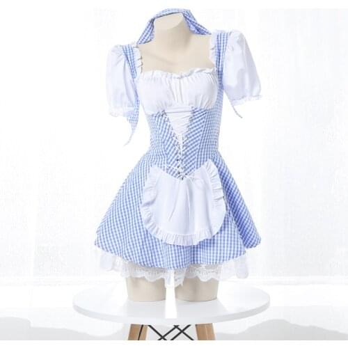 Cute Love Scene Cosplay Costume Sweet Lolita Sissy Maid Uniform Anime Girls Blue White Plaid Dress Sleepwear Dropship